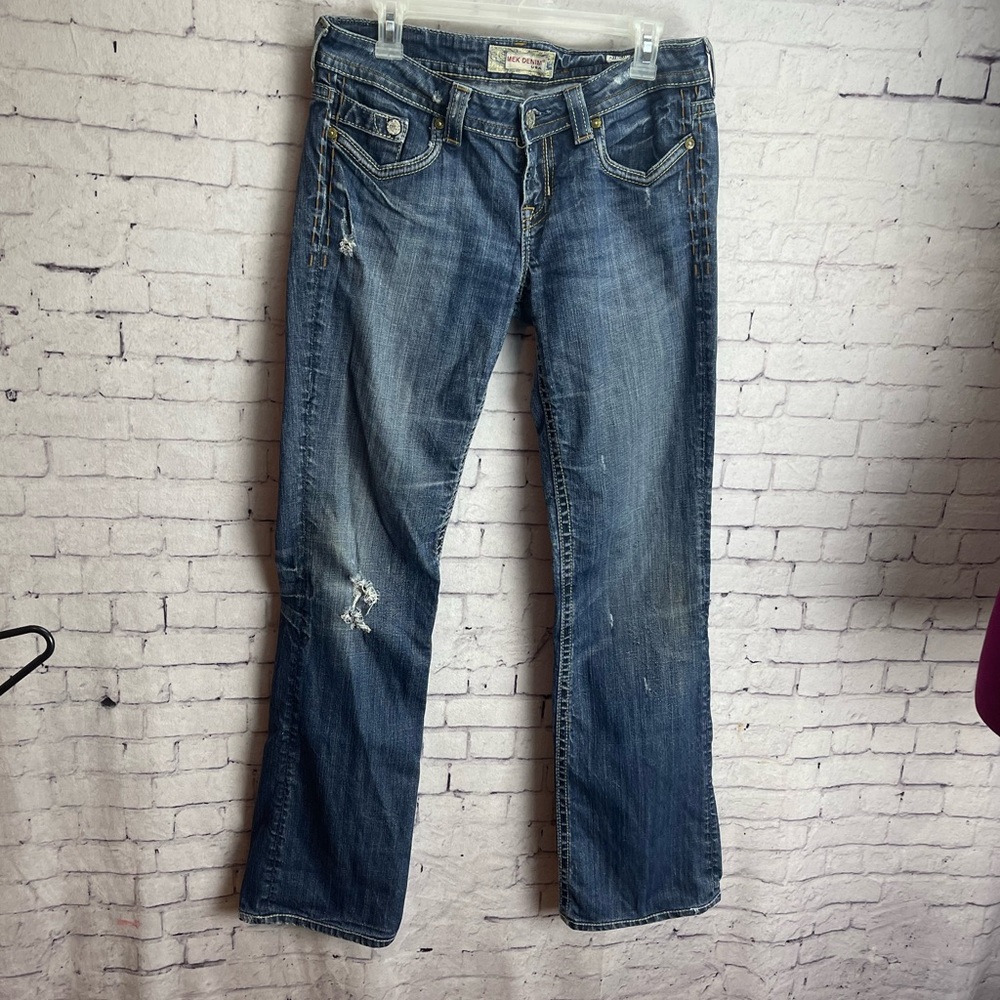 MEK Denim Sydney boot cut jeans size 31 distressed dark wash